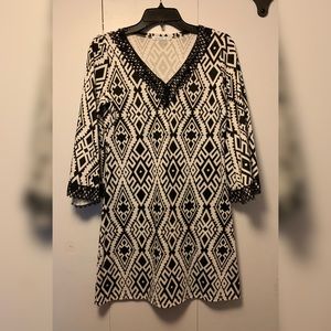 Tribal Pattern Black & White Dress w/ Bell sleeves